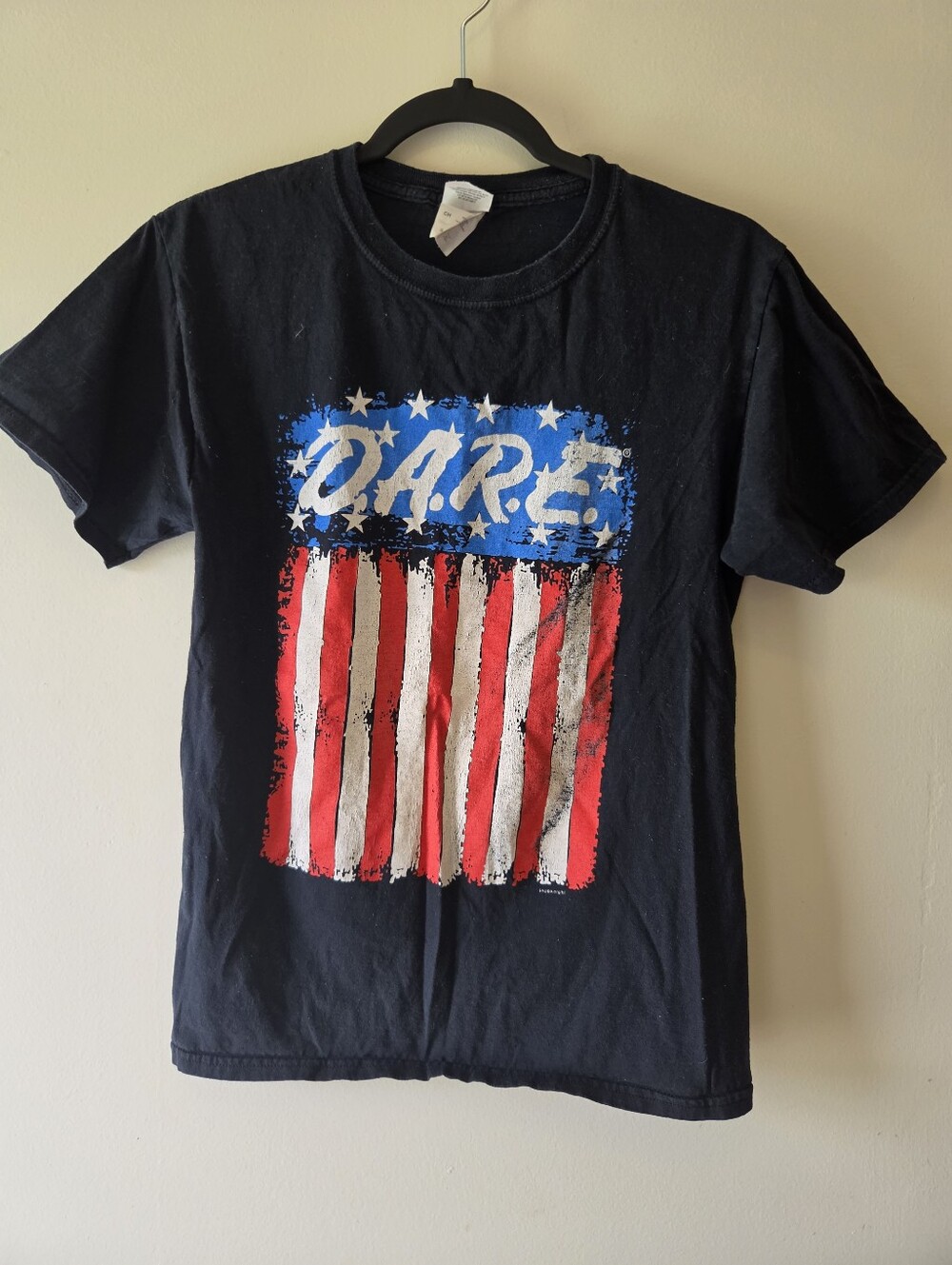 Vintage D.A.R.E. Graphic Kids T-Shirt in Black with Red & Blue Flag Design